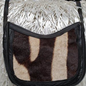 Black and Brown Leather and Cowhide look Crossbody Bag